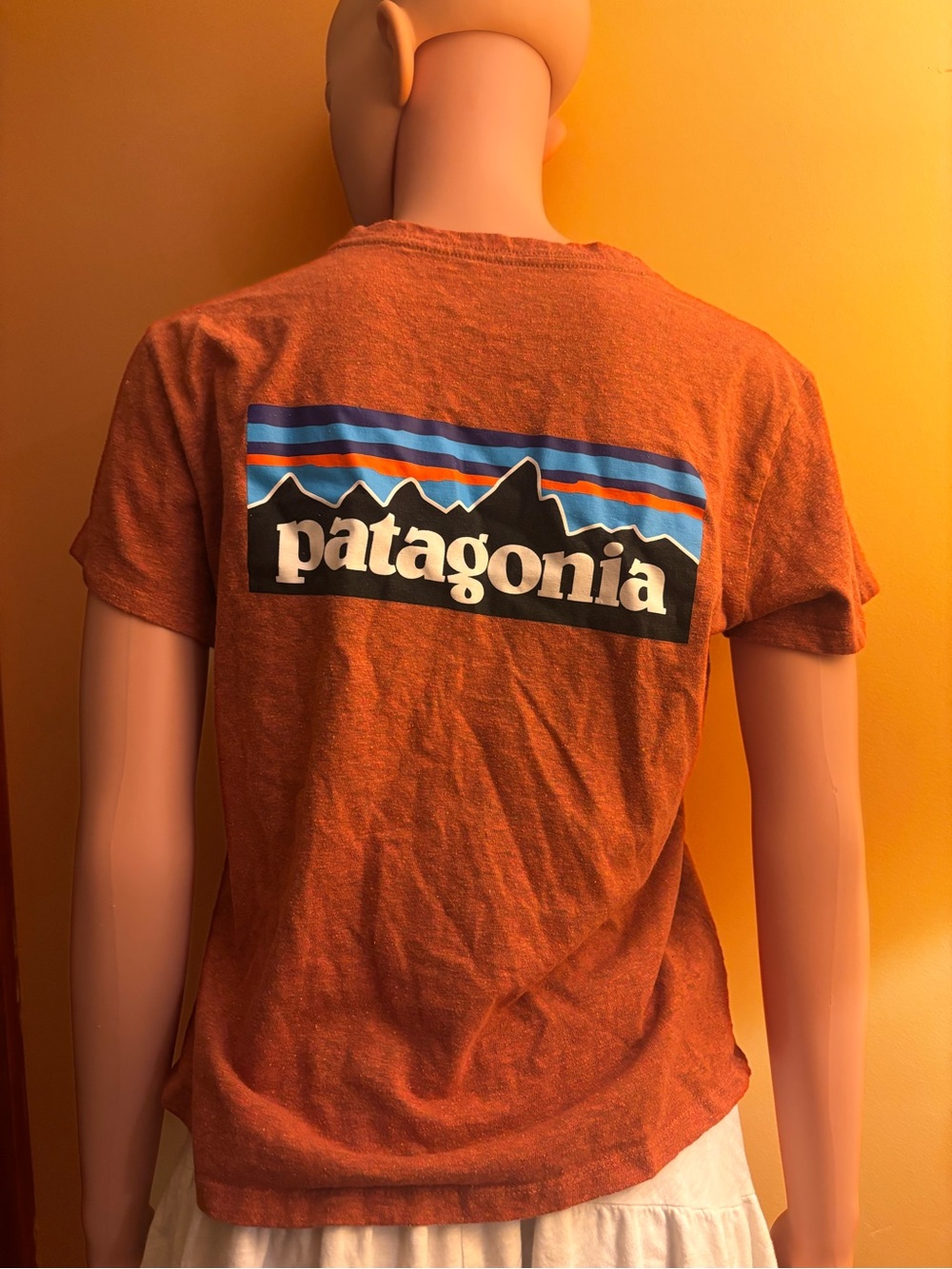 Patagonia Orange Heather Tee with Blue Stripe Logo